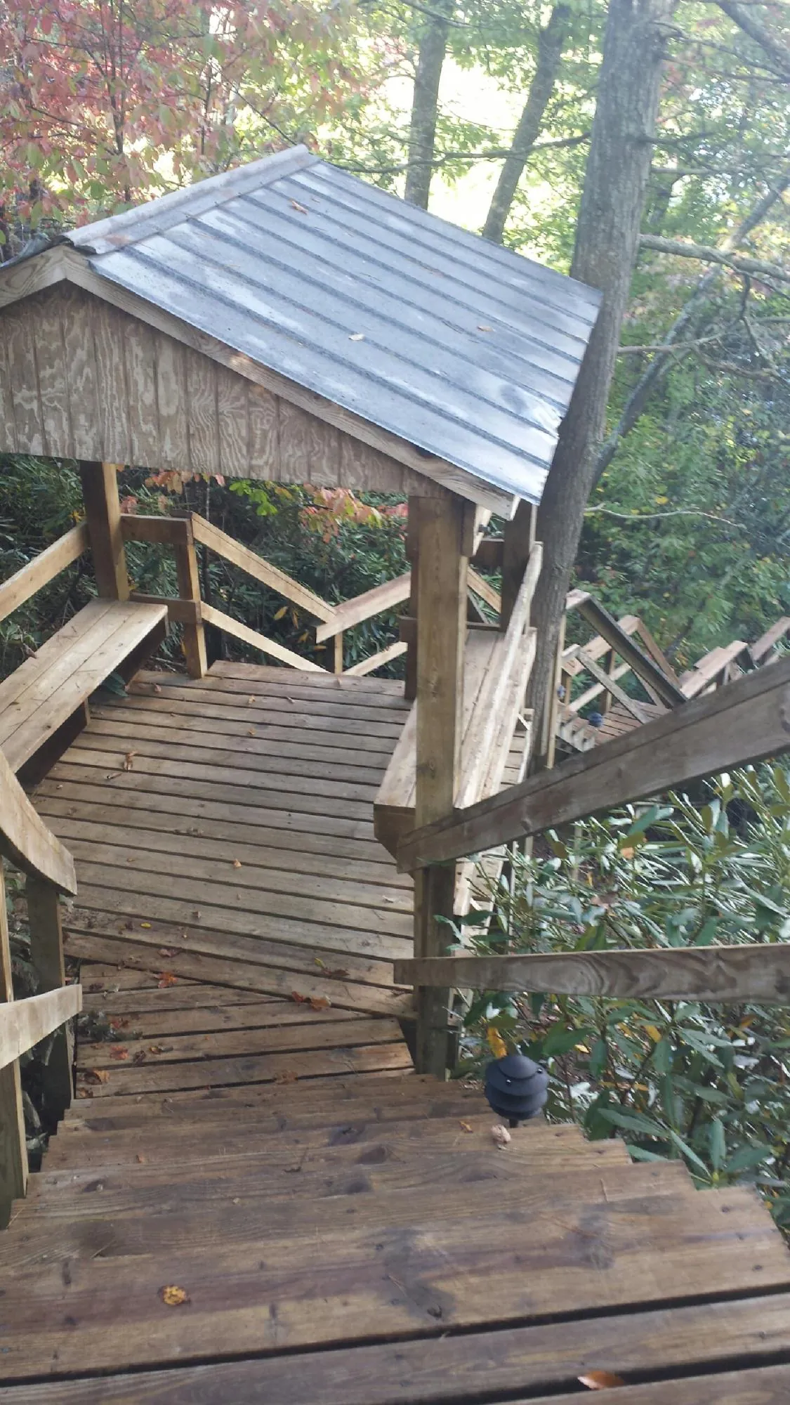 Metal roofed shelter over wooden steps on a wooded walkway — Skylight Repair & Installation work by our crew in Lorimor